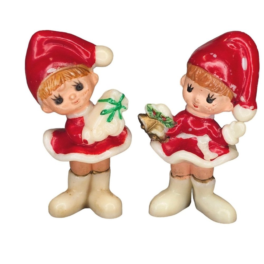 VTG 60s Kitschy Elf Girls Christmas Figurines Miniature Pixie Celluloid Set Of 2